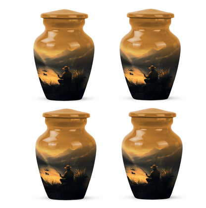 Sunrise Gold Fishing Cremation Urn side profile showing urn shape - timeless fishing motif etched into premium metal - 10 inch aluminum urn for cremated remains