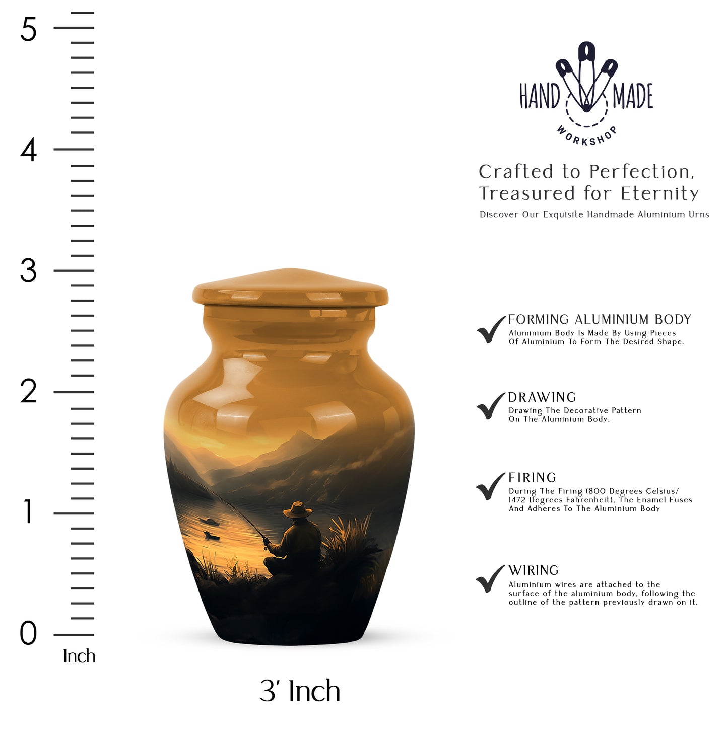 Harvest Gold Fishing Cremation Urn close-up of engraving and surface detail - elegant classic fishing relief with fine detailing - mini keepsake memorial for portion of cremation ashes