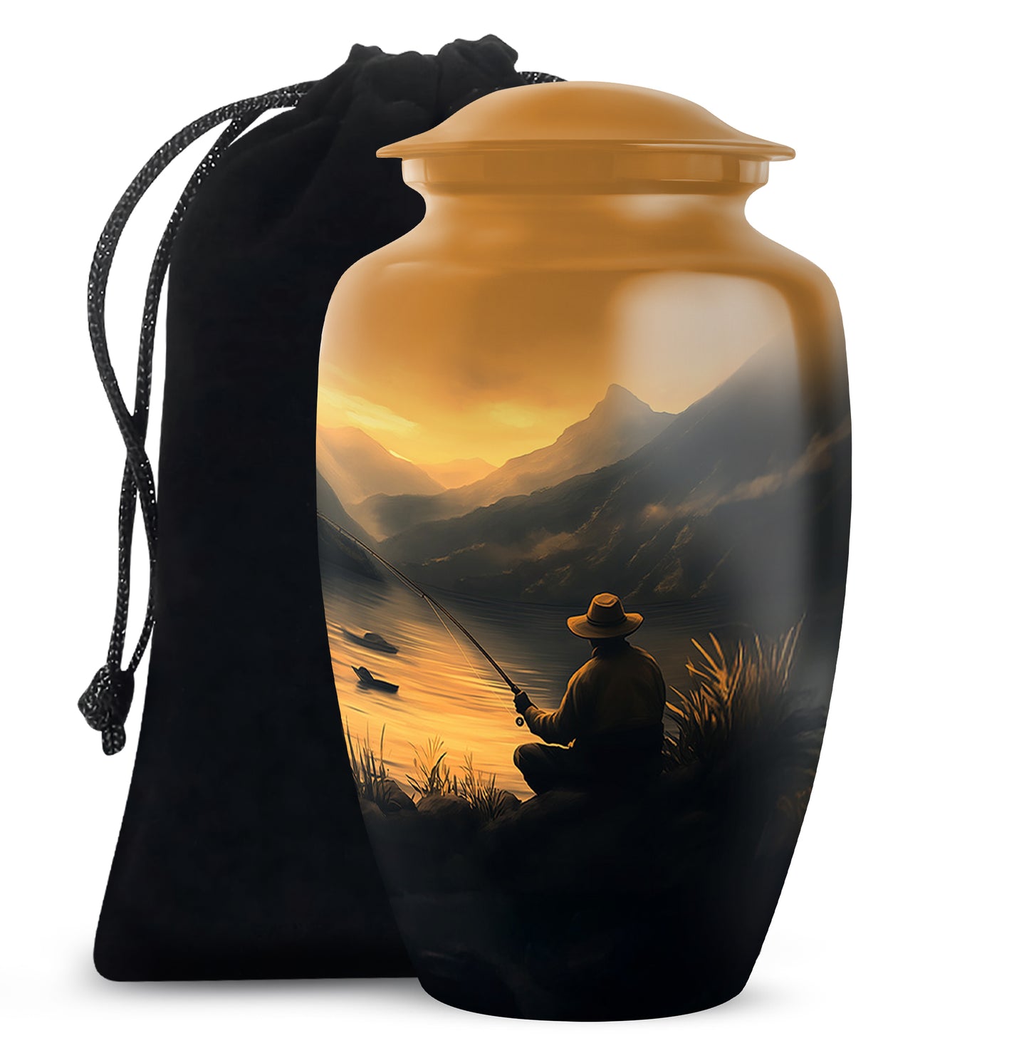 Burnished Gold Fishing Cremation Urn angled view of lid and engraved motif - traditional fishing engraving with hand-polished finish - full-size 10 inch 200 cubic inch adult cremation urn