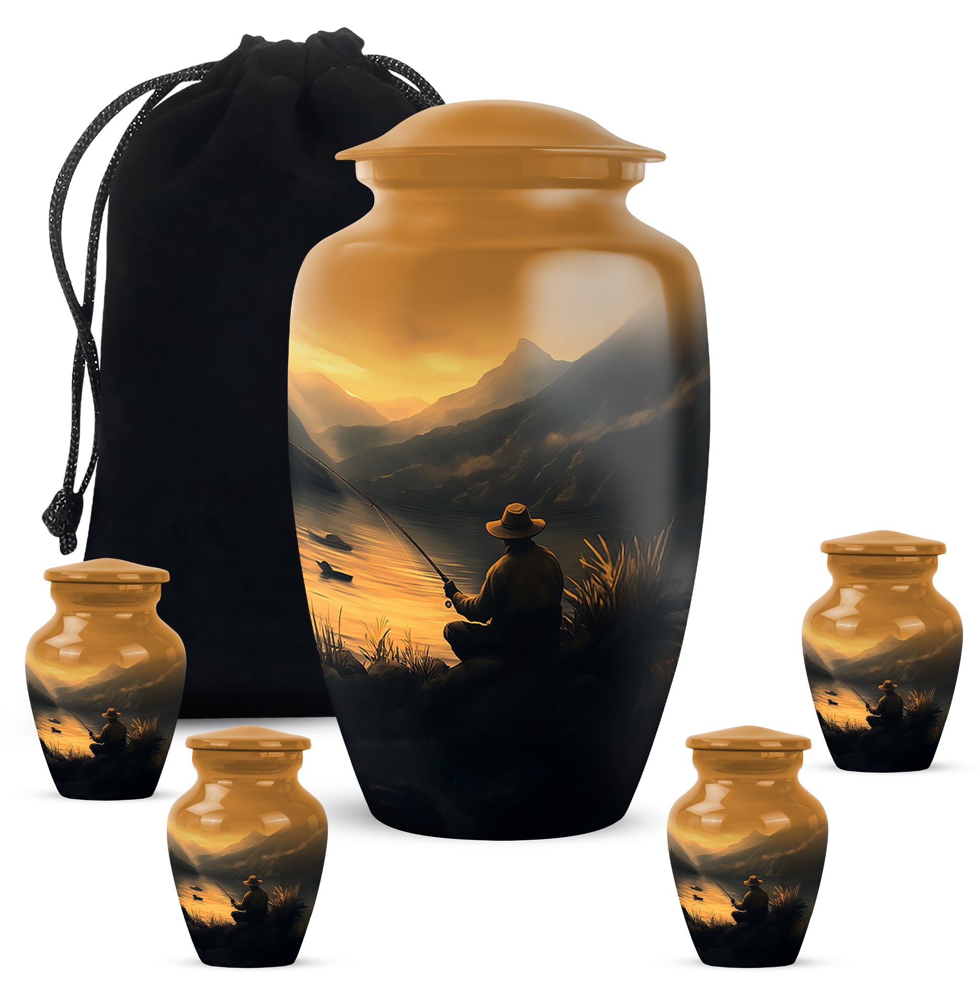 Matte Gold Fishing Cremation Urn top-down view of secure threaded lid - elegant classic fishing relief with fine detailing - memorial set with one large and four small urns