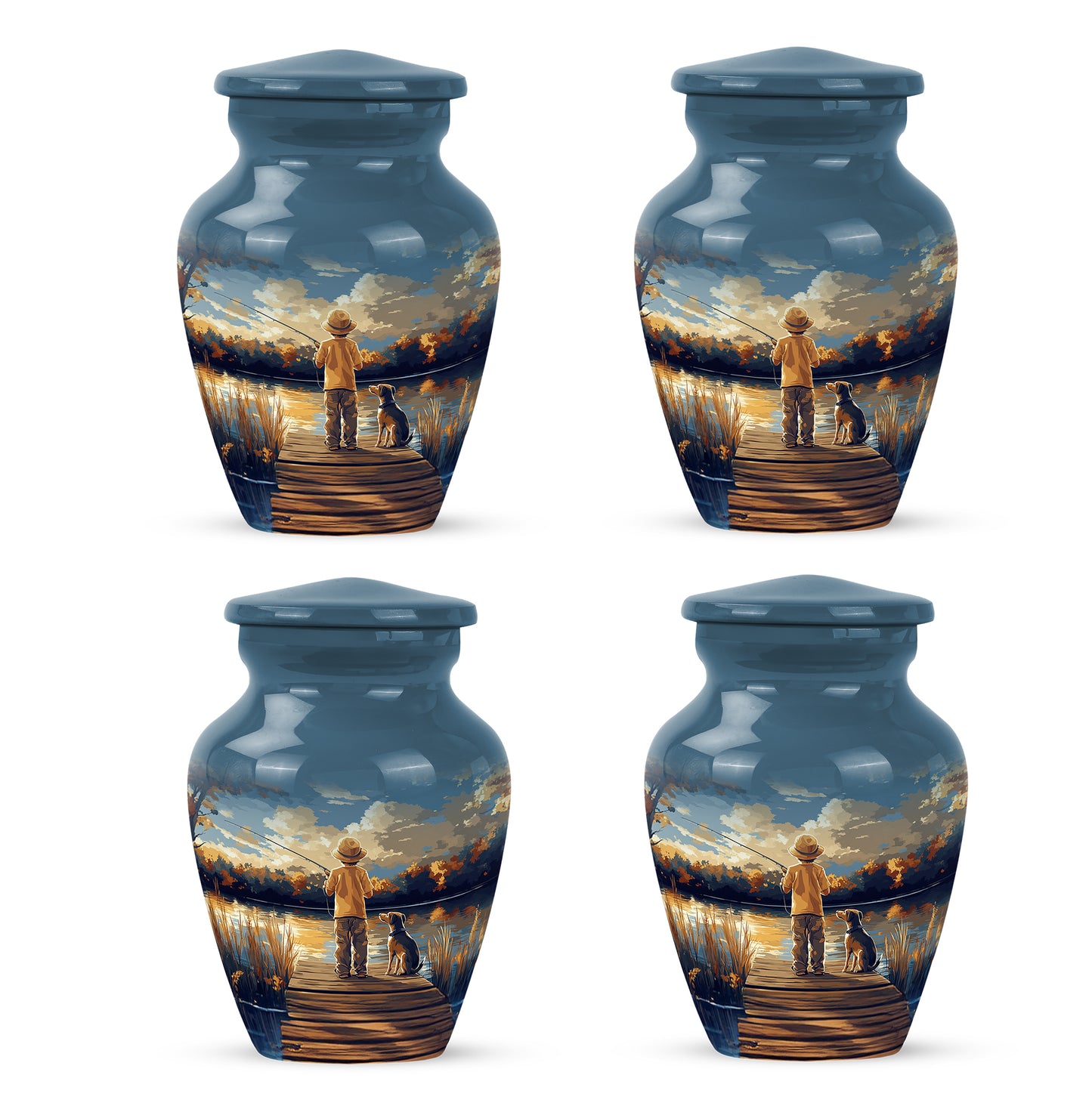 Twilight Blue Fishing Cremation Urn side profile showing urn shape - elegant classic fishing relief with fine detailing - 10 inch aluminum urn for cremated remains