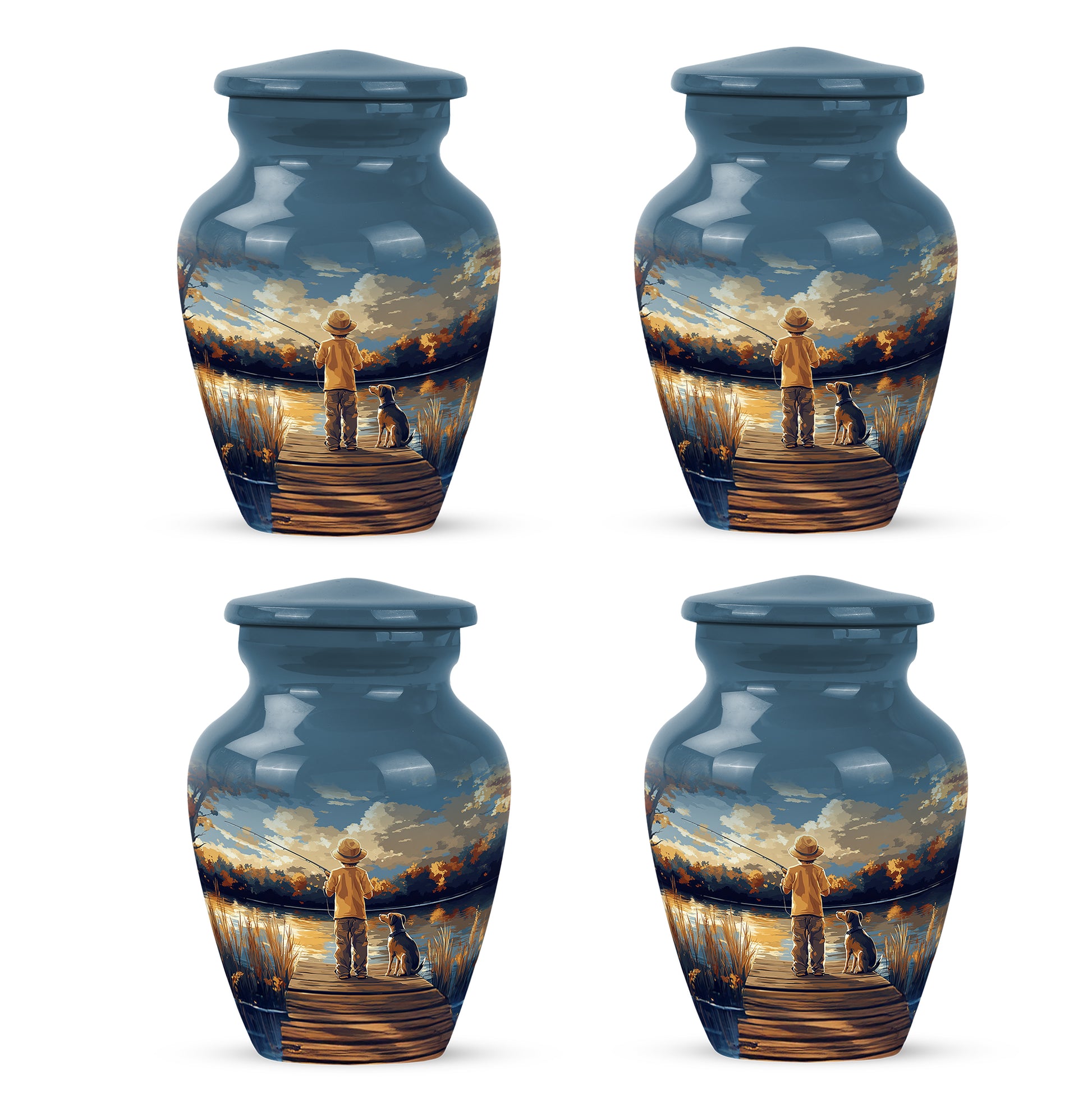 Twilight Blue Fishing Cremation Urn side profile showing urn shape - elegant classic fishing relief with fine detailing - 10 inch aluminum urn for cremated remains