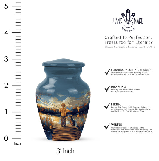 Cornflower Blue Fishing Cremation Urn close-up of engraving and surface detail - elegant classic fishing relief with fine detailing - mini keepsake memorial for portion of cremation ashes