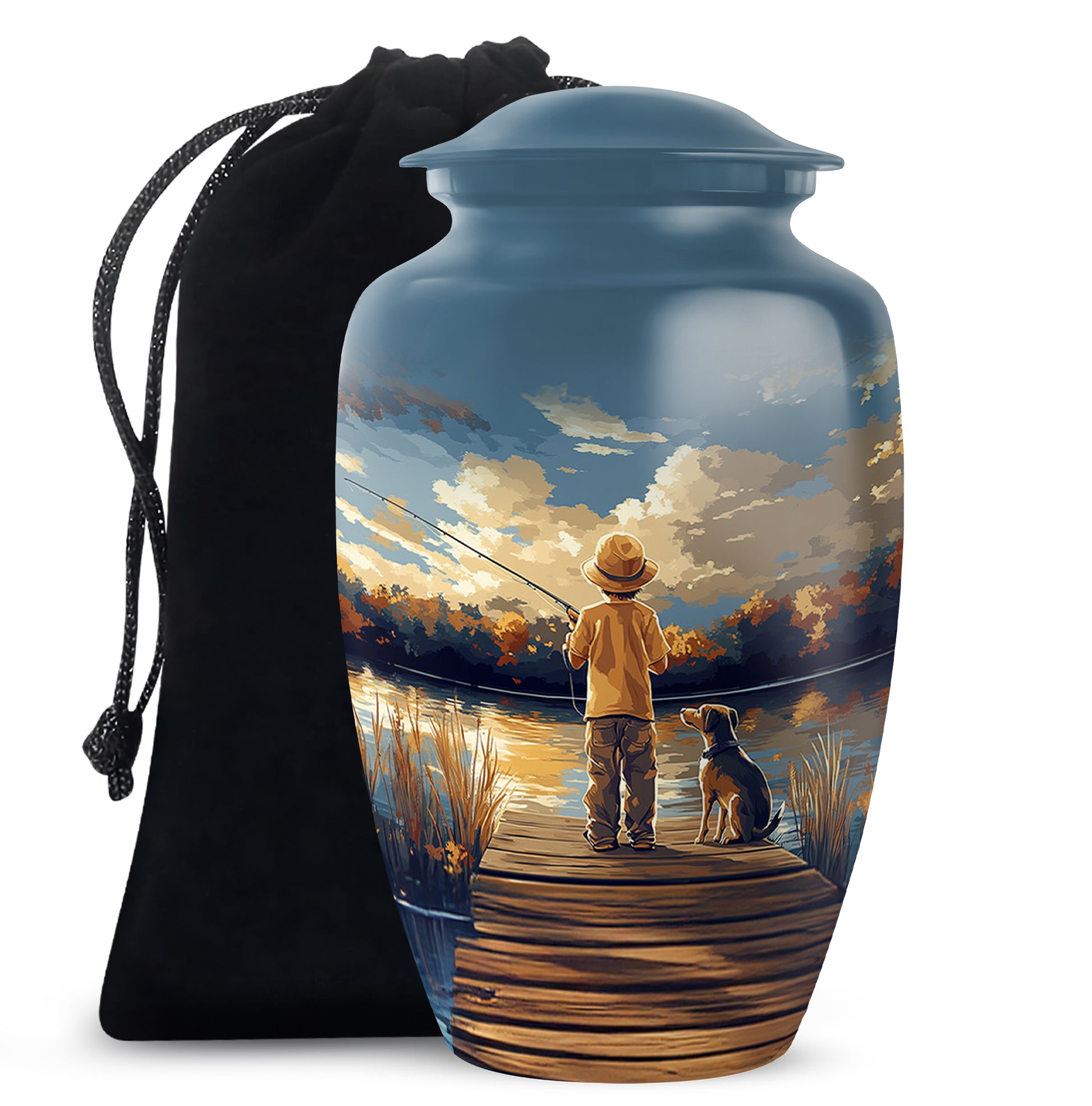 Bright Blue Fishing Cremation Urn angled view of lid and engraved motif - elegant classic fishing relief with fine detailing - full-size 10 inch 200 cubic inch adult cremation urn