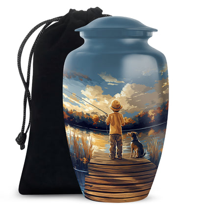 Bright Blue Fishing Cremation Urn angled view of lid and engraved motif - elegant classic fishing relief with fine detailing - full-size 10 inch 200 cubic inch adult cremation urn