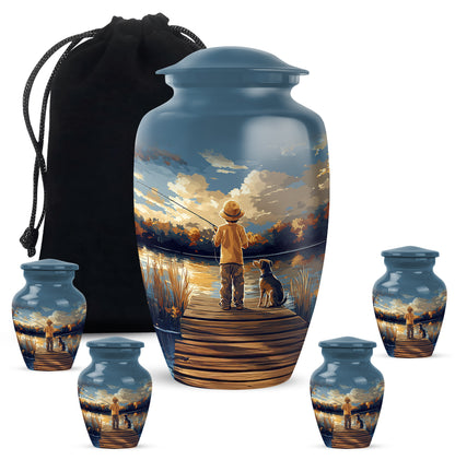 Misty Blue Fishing Cremation Urn top-down view of secure threaded lid - timeless fishing motif etched into premium metal - memorial set with one large and four small urns