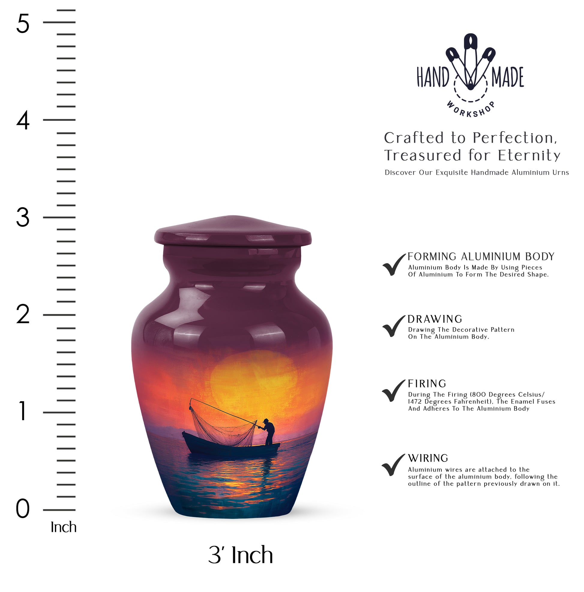 Coral Pink Fishing Cremation Urn close-up of engraving and surface detail - classic sculpted fishing pattern on smooth aluminum - mini keepsake memorial for portion of cremation ashes