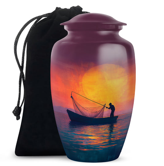 Blush Pink Fishing Cremation Urn angled view of lid and engraved motif - timeless fishing motif etched into premium metal - full-size 10 inch 200 cubic inch adult cremation urn