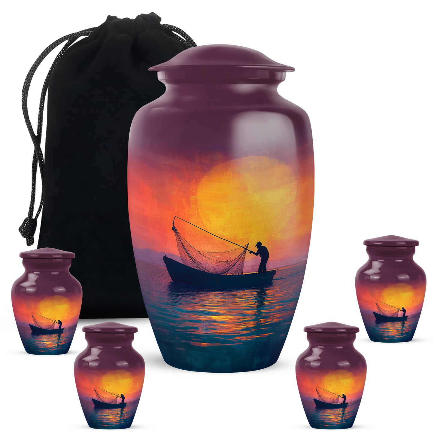 Rose Pink Fishing Cremation Urn top-down view of secure threaded lid - timeless fishing motif etched into premium metal - memorial set with one large and four small urns