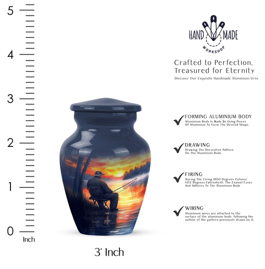 Sapphire Blue Fishing Cremation Urn close-up of engraving and surface detail - elegant classic fishing relief with fine detailing - mini keepsake memorial for portion of cremation ashes