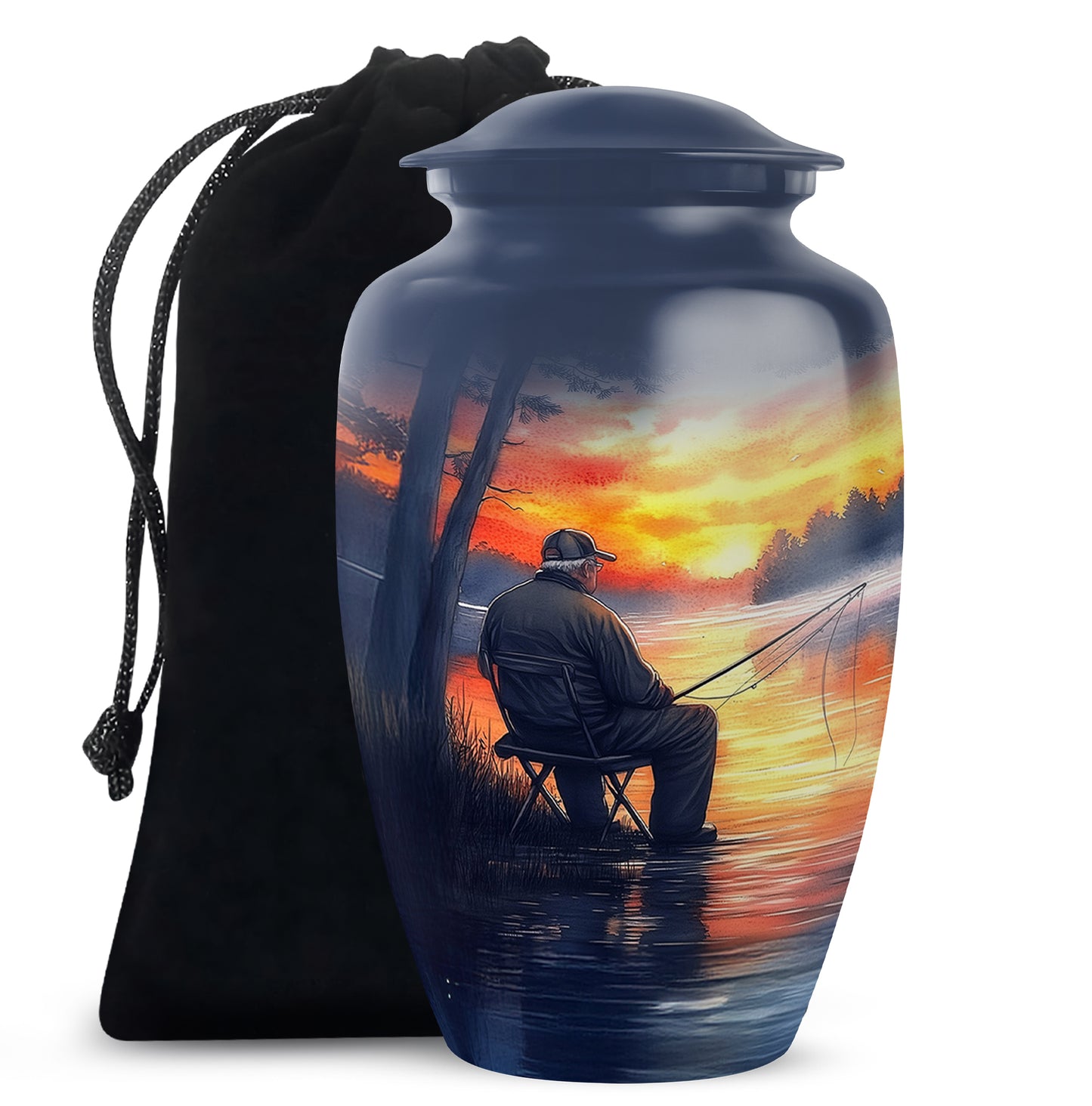 Steel Blue Fishing Cremation Urn angled view of lid and engraved motif - traditional fishing engraving with hand-polished finish - full-size 10 inch 200 cubic inch adult cremation urn