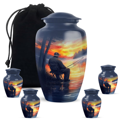 Indigo Fishing Cremation Urn top-down view of secure threaded lid - timeless fishing motif etched into premium metal - memorial set with one large and four small urns