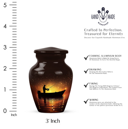 Burgundy Red Fishing Cremation Urn close-up of engraving and surface detail - timeless fishing motif etched into premium metal - mini keepsake memorial for portion of cremation ashes