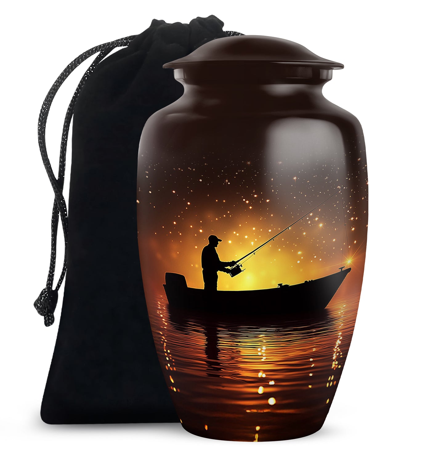 Burgundy Red Fishing Cremation Urn angled view of lid and engraved motif - timeless fishing motif etched into premium metal - full-size 10 inch 200 cubic inch adult cremation urn