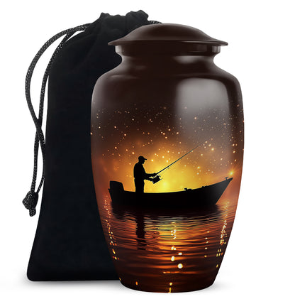 Burgundy Red Fishing Cremation Urn angled view of lid and engraved motif - timeless fishing motif etched into premium metal - full-size 10 inch 200 cubic inch adult cremation urn