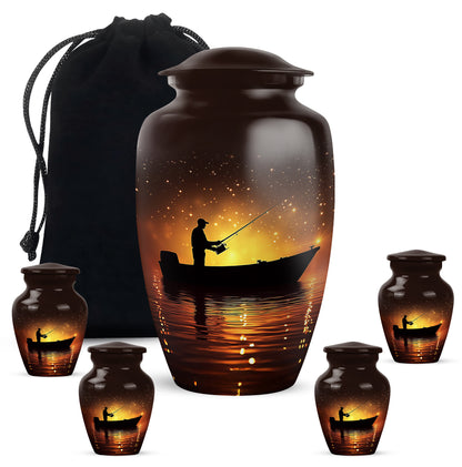 Rich Red Fishing Cremation Urn top-down view of secure threaded lid - traditional fishing engraving with hand-polished finish - memorial set with one large and four small urns