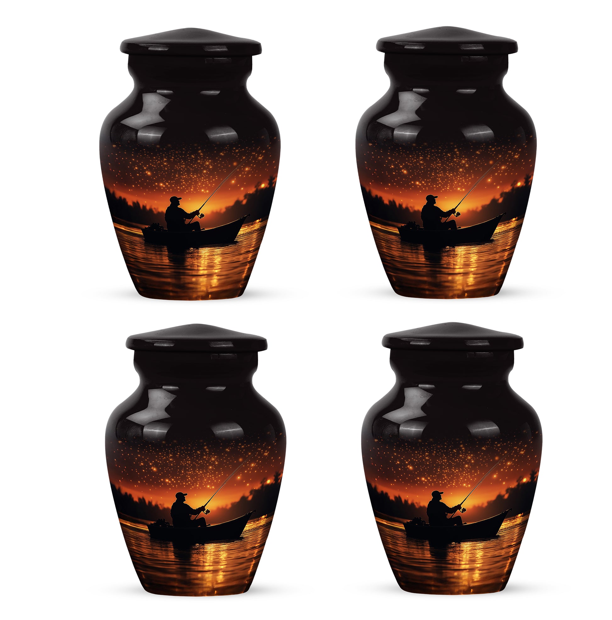 Dark Black Fishing Cremation Urn side profile showing urn shape - elegant classic fishing relief with fine detailing - 10 inch aluminum urn for cremated remains