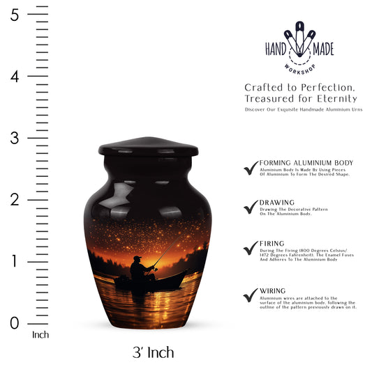 Charcoal Black Fishing Cremation Urn close-up of engraving and surface detail - traditional fishing engraving with hand-polished finish - mini keepsake memorial for portion of cremation ashes