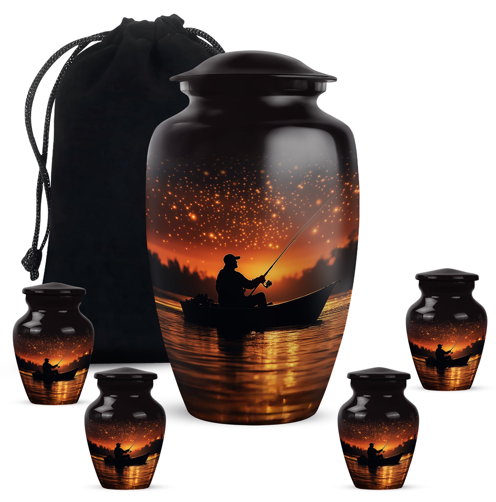 Deep Black Fishing Cremation Urn top-down view of secure threaded lid - timeless fishing motif etched into premium metal - memorial set with one large and four small urns