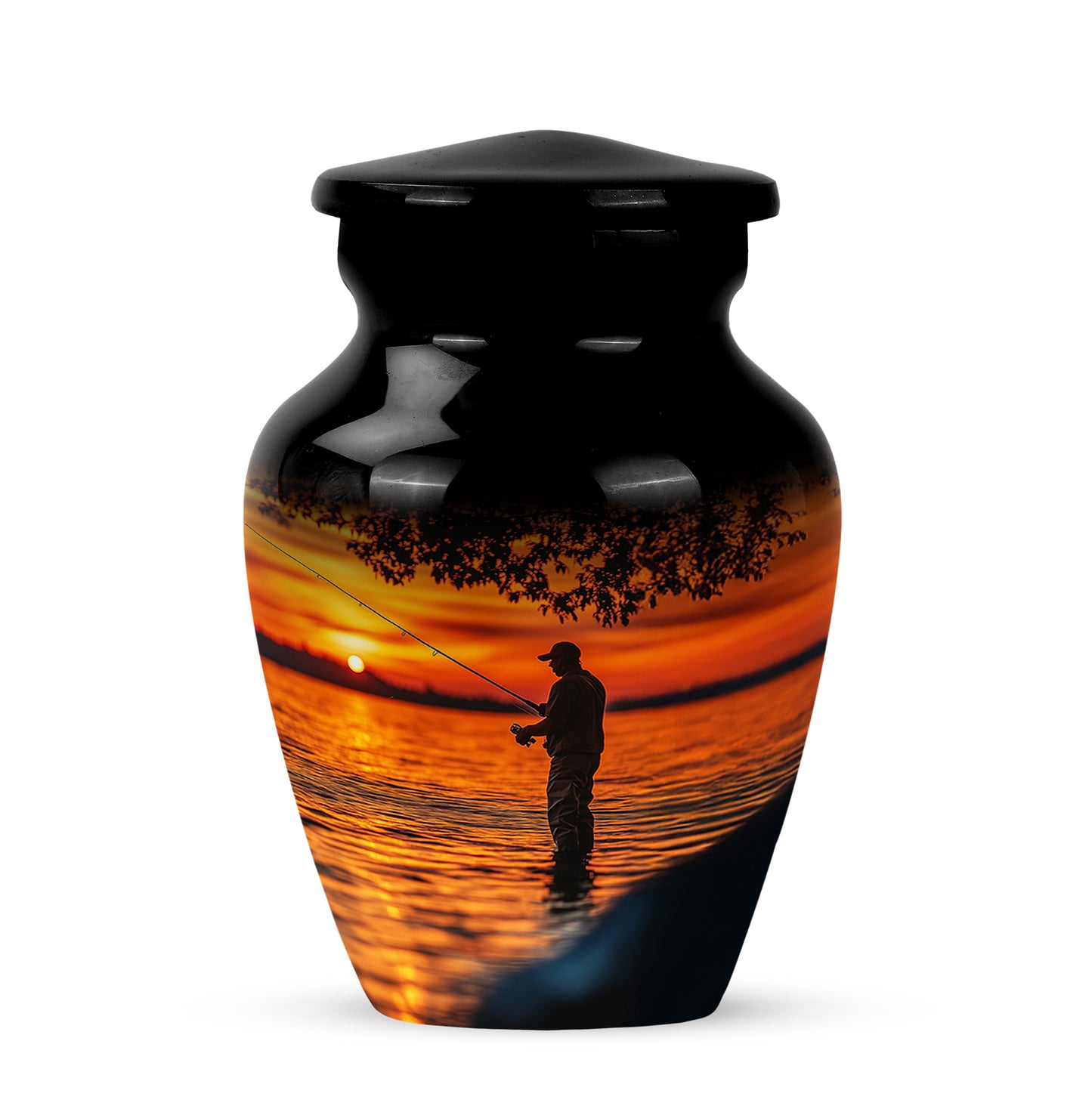 Inspiring Black Fishing Blessing Urn for Human Ashes - 10-inch, 200 cu in - Yatskia