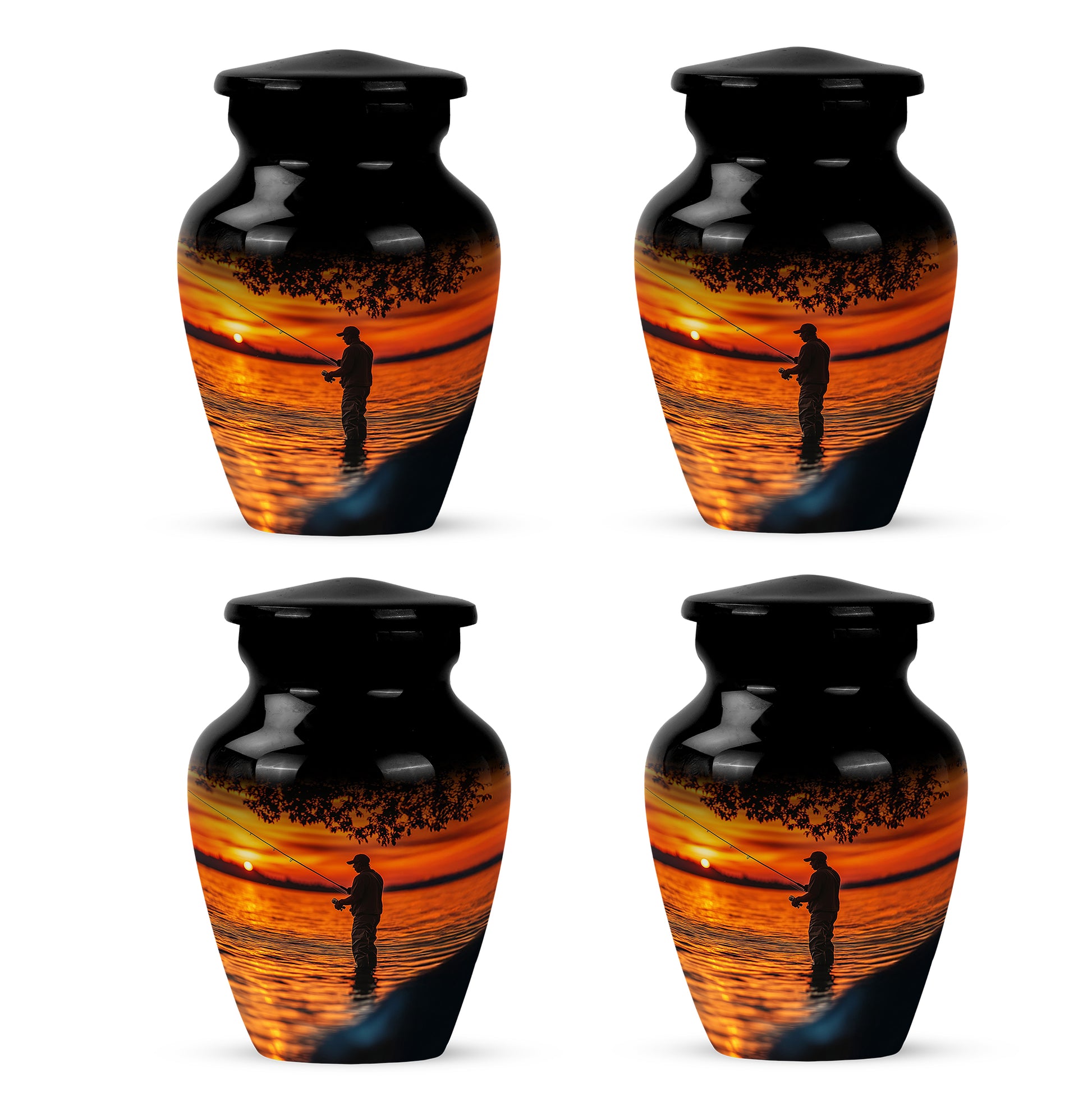 Midnight Black Fishing Cremation Urn side profile showing urn shape - traditional fishing engraving with hand-polished finish - 10 inch aluminum urn for cremated remains