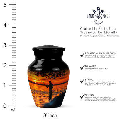 Obsidian Black Fishing Cremation Urn close-up of engraving and surface detail - elegant classic fishing relief with fine detailing - mini keepsake memorial for portion of cremation ashes
