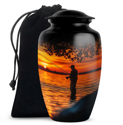 Obsidian Black Fishing Cremation Urn angled view of lid and engraved motif - traditional fishing engraving with hand-polished finish - full-size 10 inch 200 cubic inch adult cremation urn