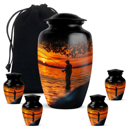 Glossy Black Fishing Cremation Urn top-down view of secure threaded lid - timeless fishing motif etched into premium metal - memorial set with one large and four small urns