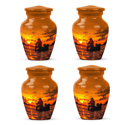 Sunrise Gold Fishing Cremation Urn side profile showing urn shape - classic sculpted fishing pattern on smooth aluminum - 10 inch aluminum urn for cremated remains