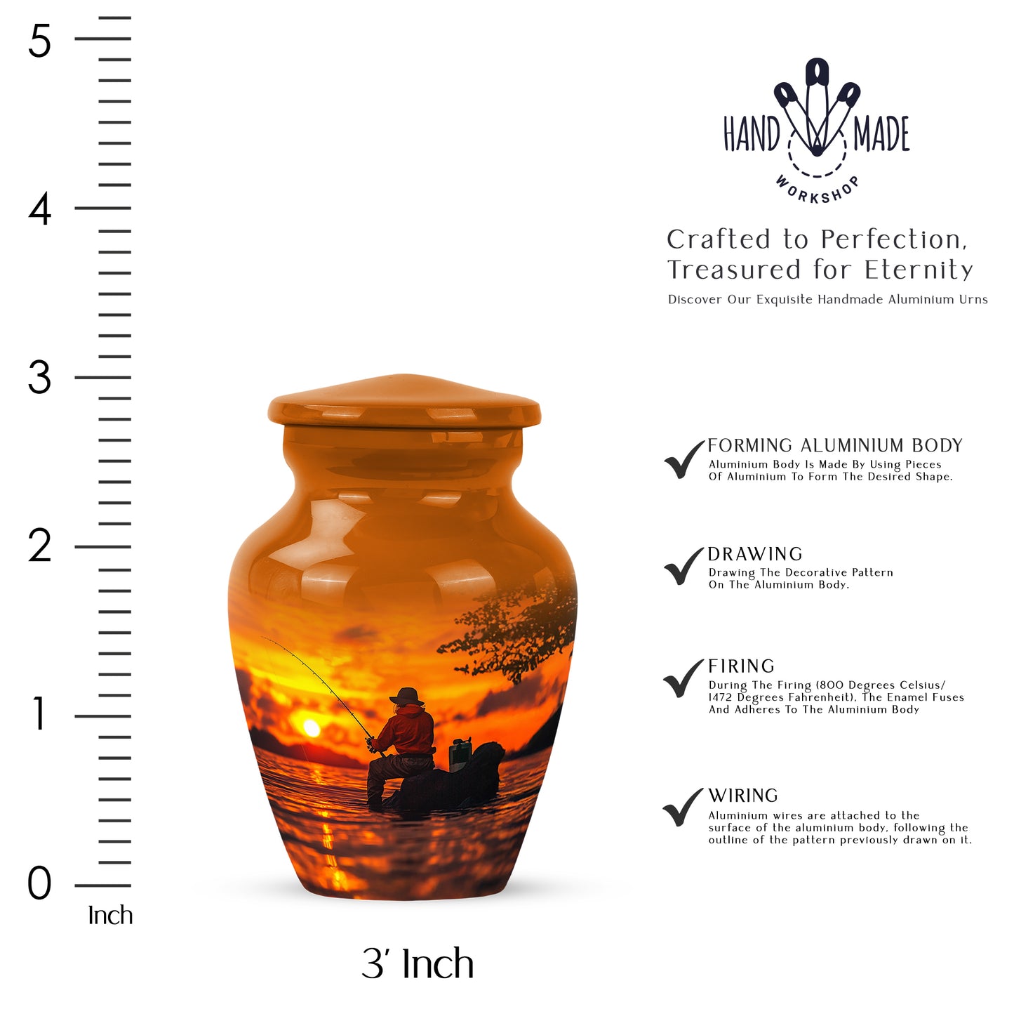 Royal Gold Fishing Cremation Urn close-up of engraving and surface detail - elegant classic fishing relief with fine detailing - mini keepsake memorial for portion of cremation ashes