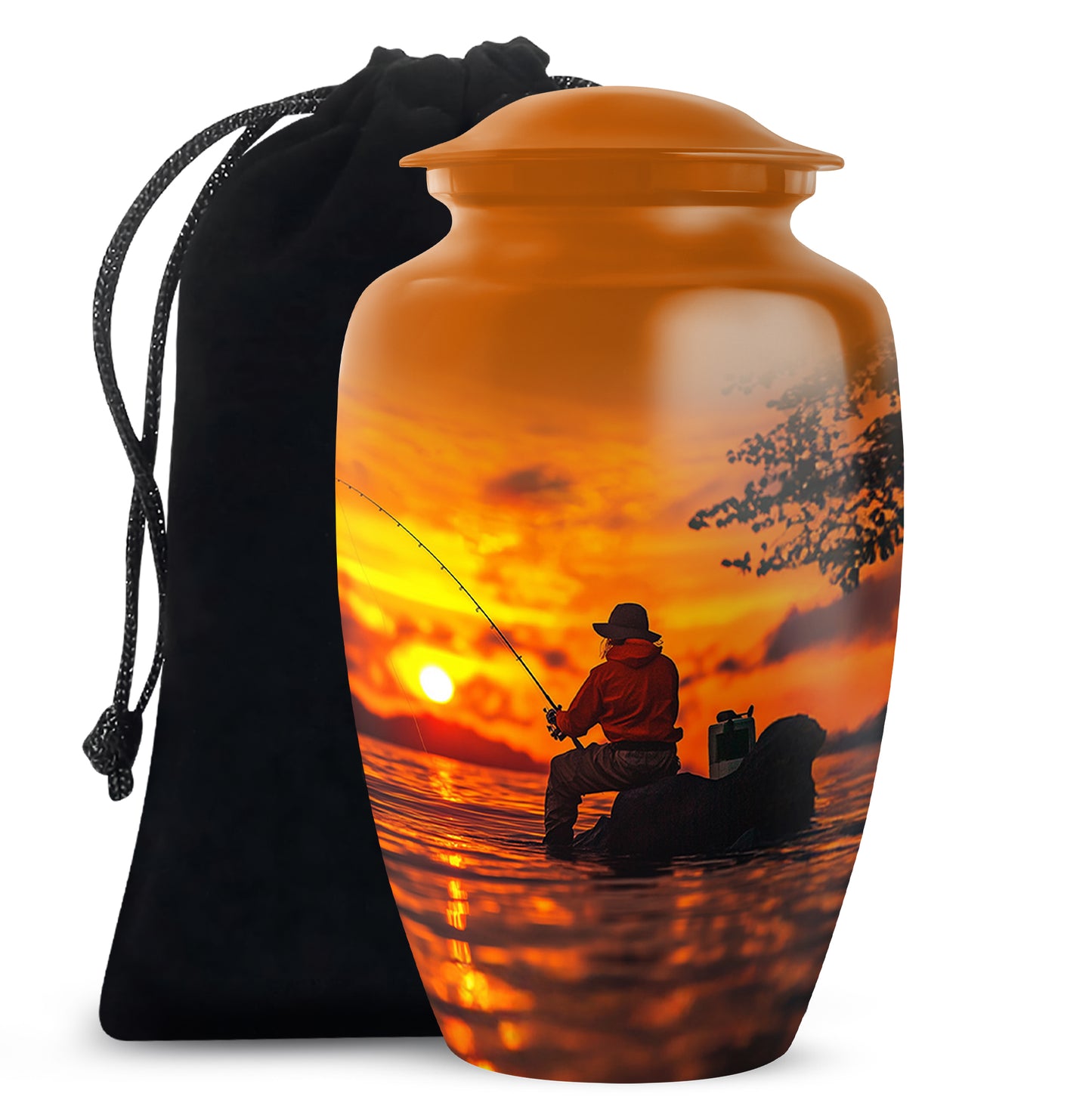 Warm Gold Fishing Cremation Urn angled view of lid and engraved motif - elegant classic fishing relief with fine detailing - full-size 10 inch 200 cubic inch adult cremation urn