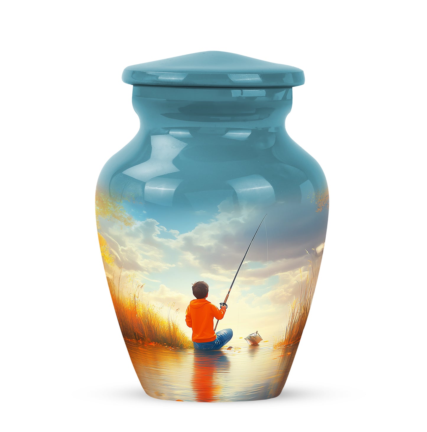 Timeless Teal Fishing Cremation Urn for Ashes - 10-inch, 200 cu in - Yatskia