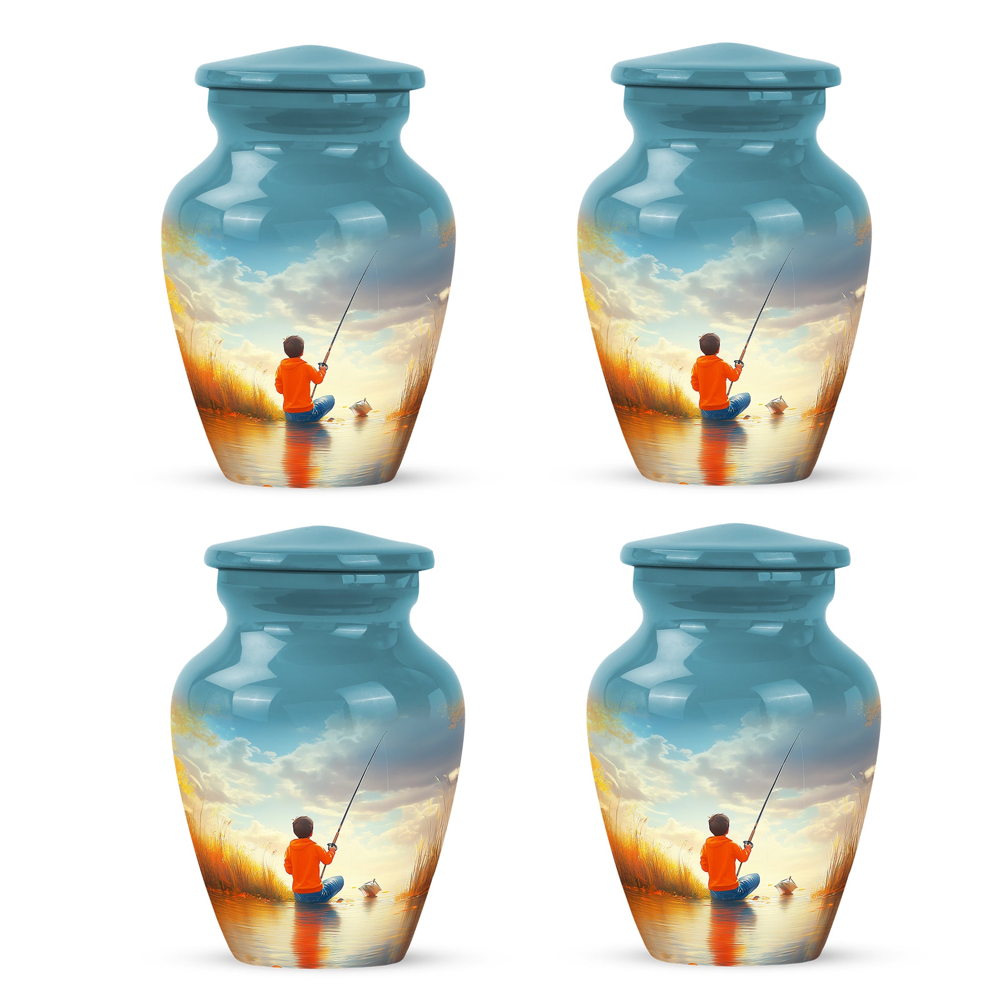 Sea Green Teal Fishing Cremation Urn side profile showing urn shape - classic sculpted fishing pattern on smooth aluminum - 10 inch aluminum urn for cremated remains