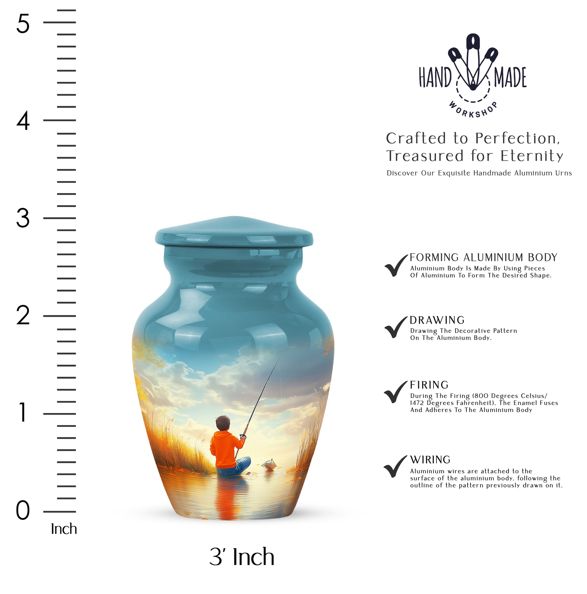 Sea Green Teal Fishing Cremation Urn close-up of engraving and surface detail - timeless fishing motif etched into premium metal - mini keepsake memorial for portion of cremation ashes