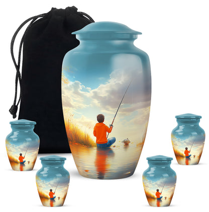 Deep Teal Fishing Cremation Urn top-down view of secure threaded lid - traditional fishing engraving with hand-polished finish - memorial set with one large and four small urns