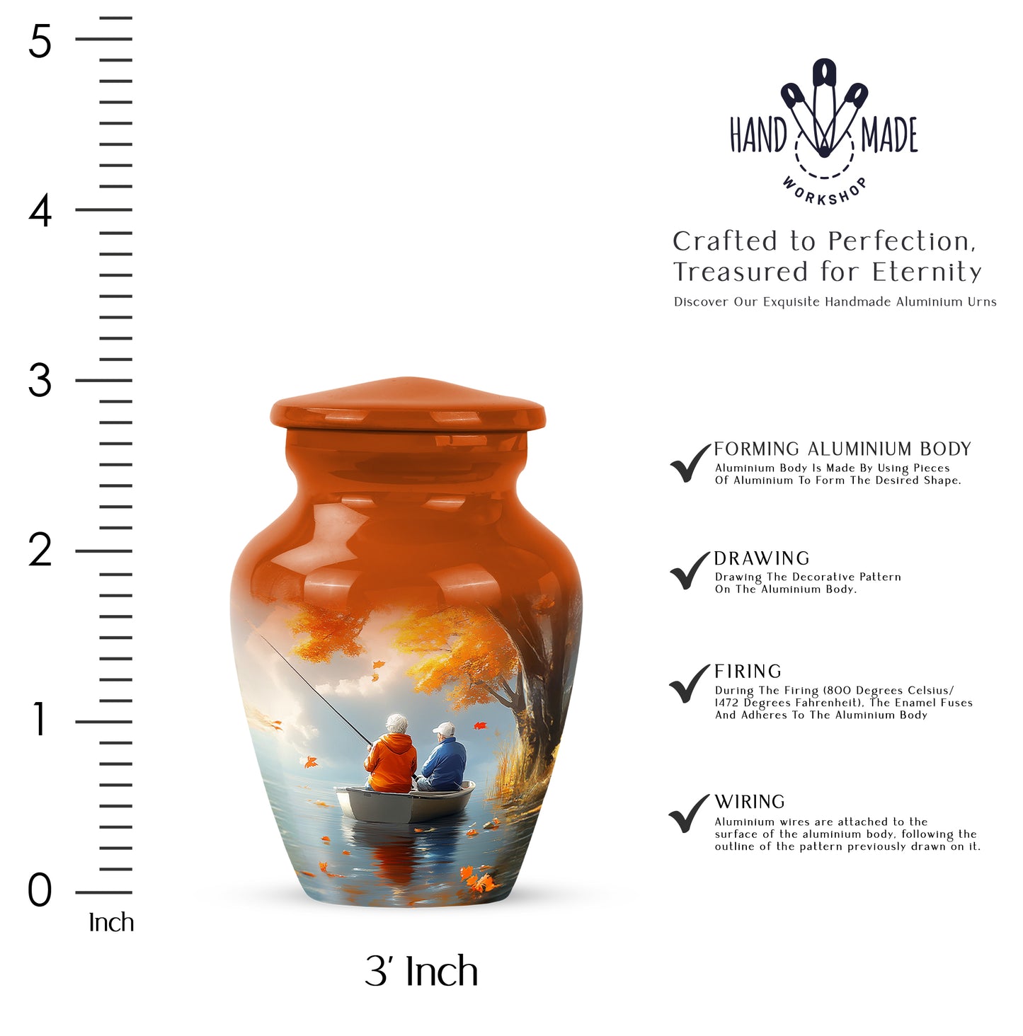 Champagne Gold Fishing Cremation Urn close-up of engraving and surface detail - timeless fishing motif etched into premium metal - mini keepsake memorial for portion of cremation ashes