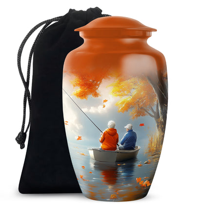 Matte Gold Fishing Cremation Urn angled view of lid and engraved motif - elegant classic fishing relief with fine detailing - full-size 10 inch 200 cubic inch adult cremation urn