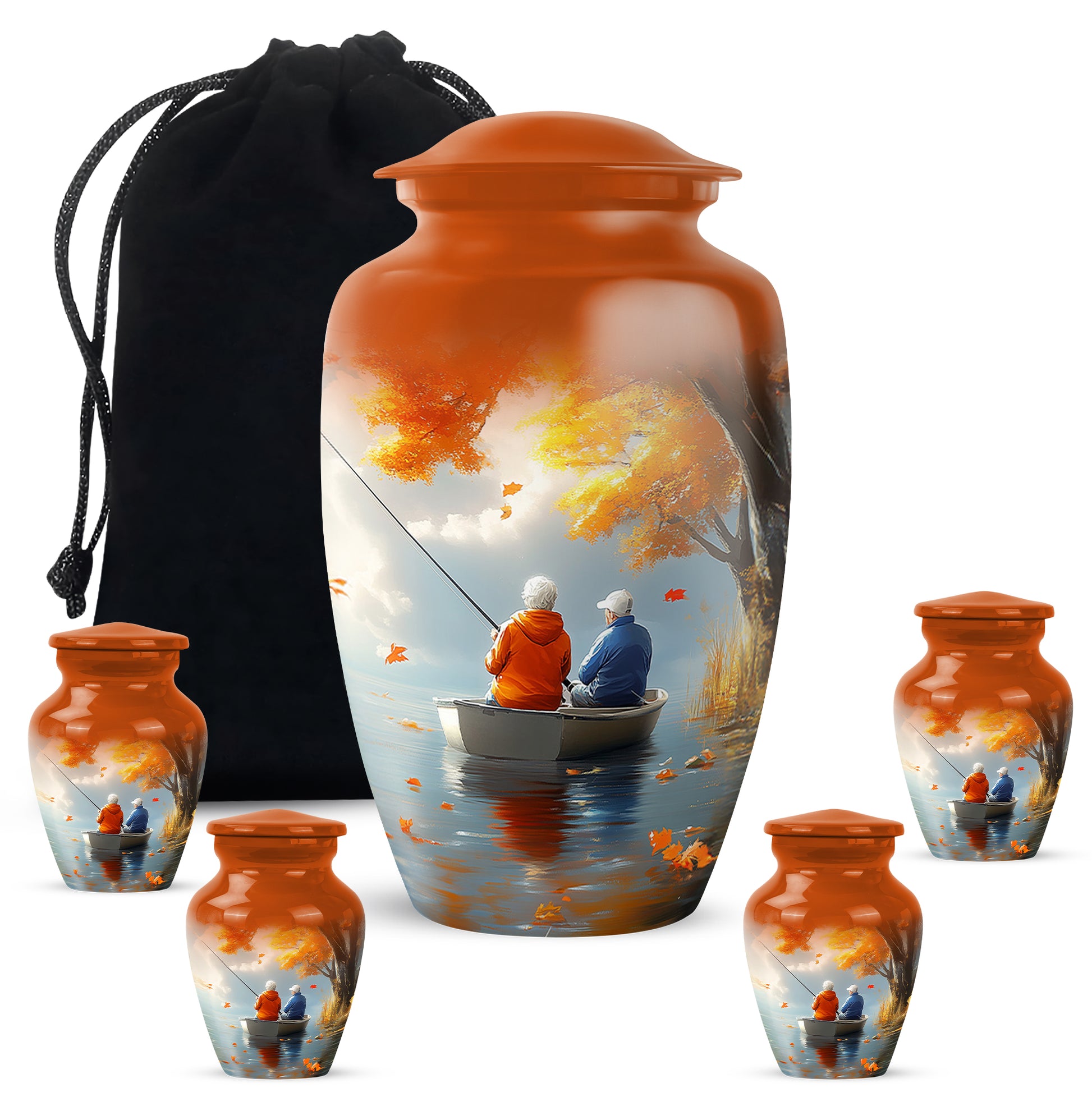Sunrise Gold Fishing Cremation Urn top-down view of secure threaded lid - classic sculpted fishing pattern on smooth aluminum - memorial set with one large and four small urns