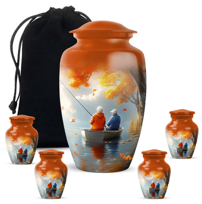 Sunrise Gold Fishing Cremation Urn top-down view of secure threaded lid - classic sculpted fishing pattern on smooth aluminum - memorial set with one large and four small urns