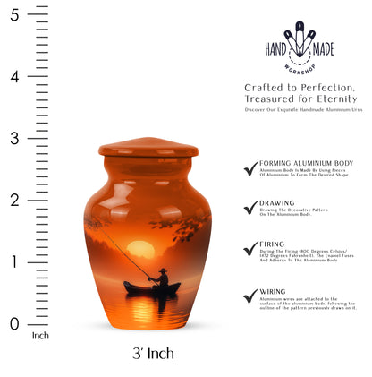 Burnished Gold Fishing Cremation Urn close-up of engraving and surface detail - traditional fishing engraving with hand-polished finish - mini keepsake memorial for portion of cremation ashes