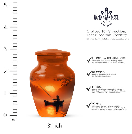Burnished Gold Fishing Cremation Urn close-up of engraving and surface detail - traditional fishing engraving with hand-polished finish - mini keepsake memorial for portion of cremation ashes