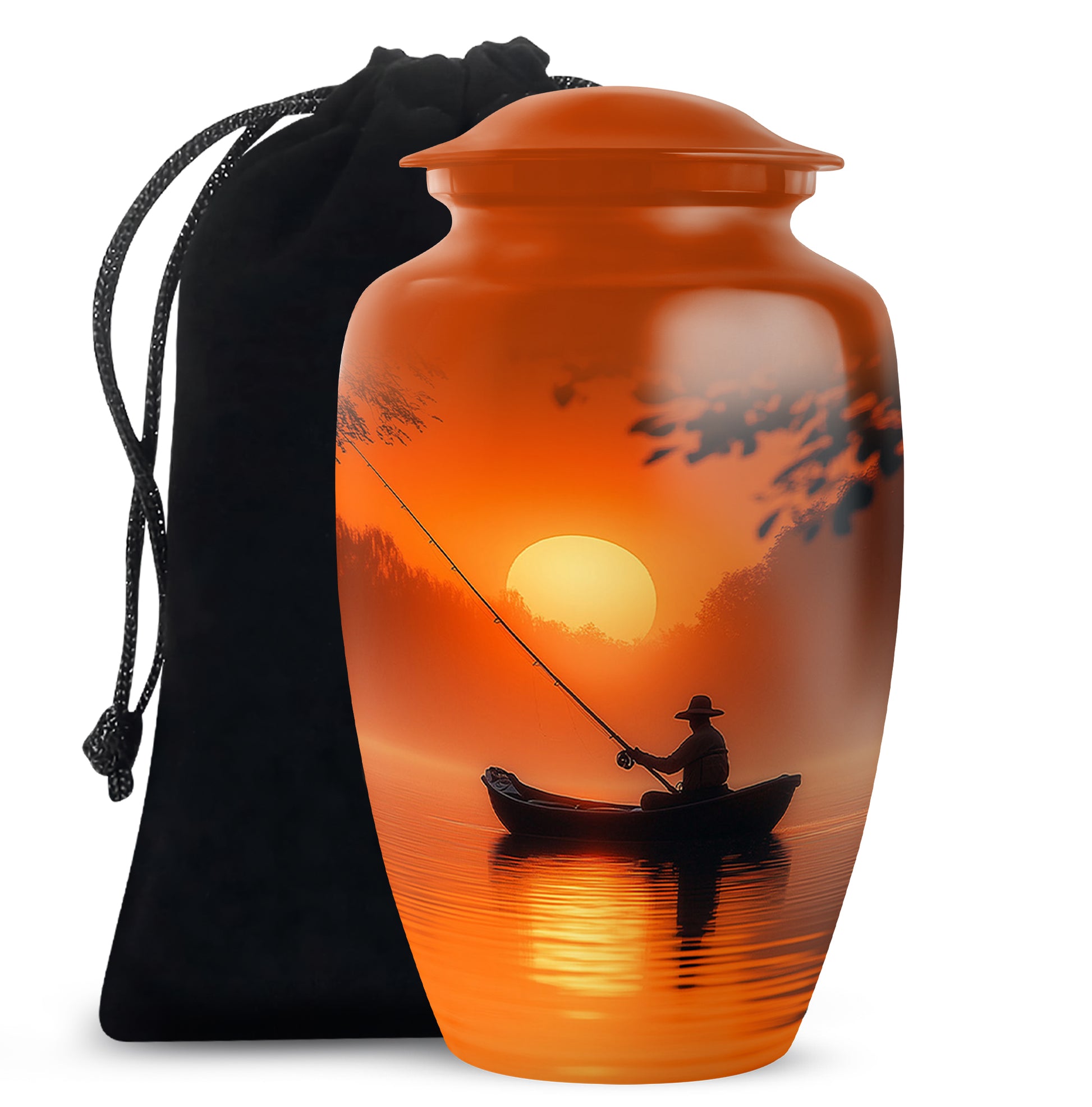 Champagne Gold Fishing Cremation Urn angled view of lid and engraved motif - classic sculpted fishing pattern on smooth aluminum - full-size 10 inch 200 cubic inch adult cremation urn