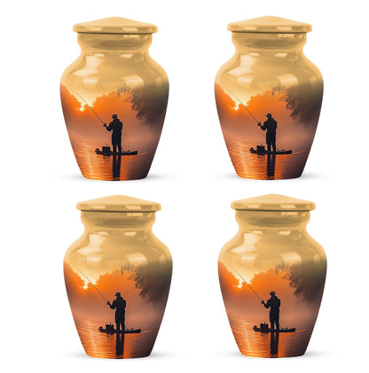 Burnished Gold Fishing Cremation Urn side profile showing urn shape - elegant classic fishing relief with fine detailing - 10 inch aluminum urn for cremated remains