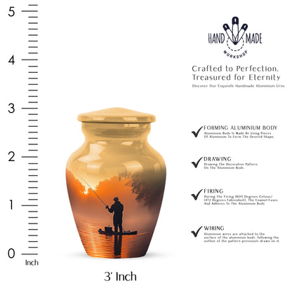 Royal Gold Fishing Cremation Urn close-up of engraving and surface detail - traditional fishing engraving with hand-polished finish - mini keepsake memorial for portion of cremation ashes
