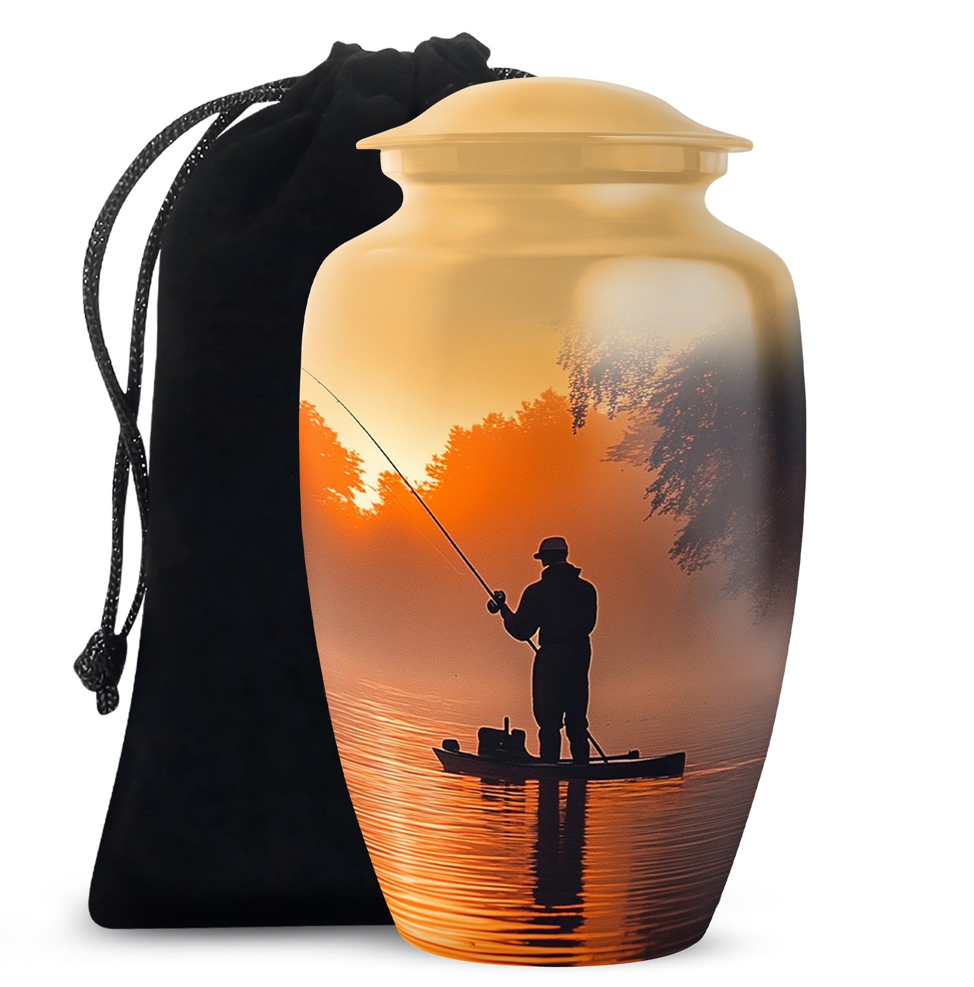 Champagne Gold Fishing Cremation Urn angled view of lid and engraved motif - classic sculpted fishing pattern on smooth aluminum - full-size 10 inch 200 cubic inch adult cremation urn
