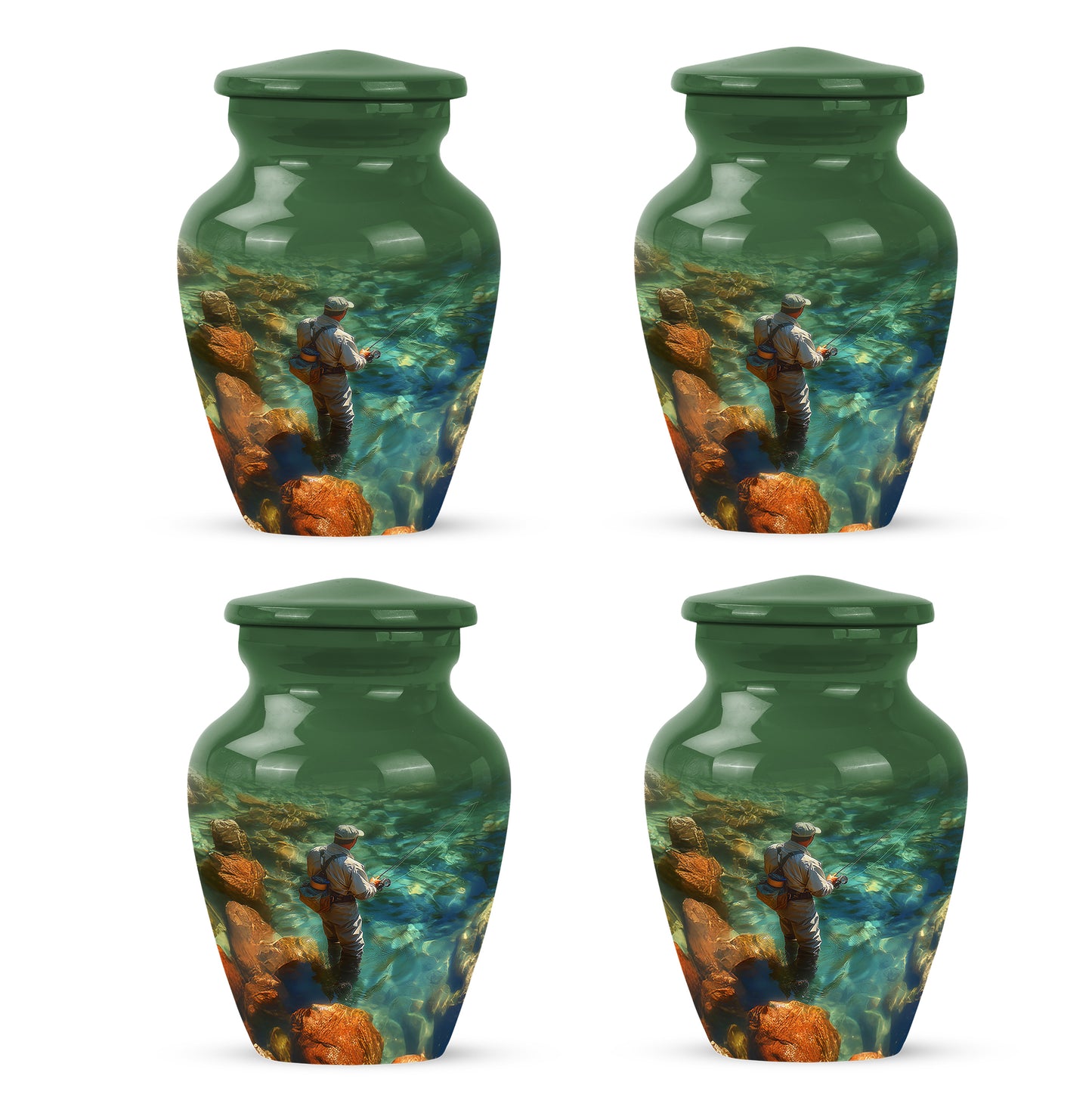 Olive Green Fishing Cremation Urn side profile showing urn shape - traditional fishing engraving with hand-polished finish - 10 inch aluminum urn for cremated remains