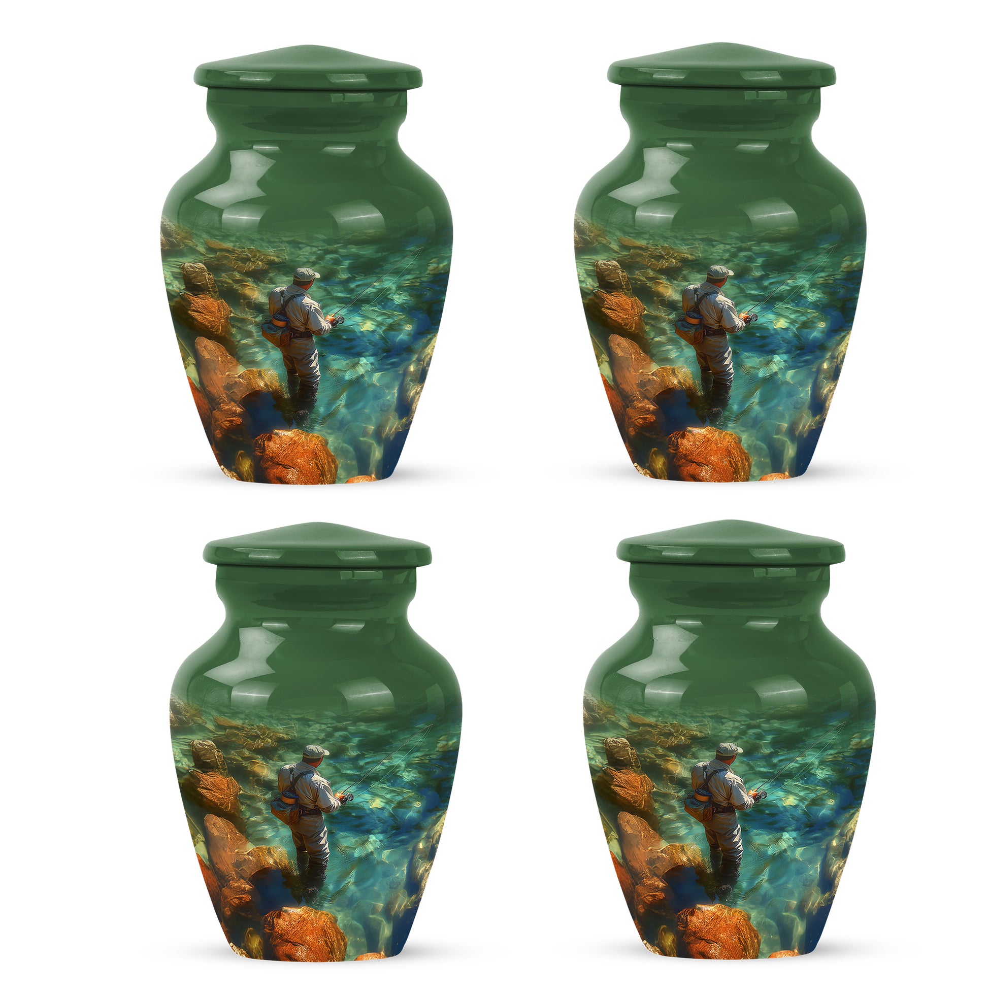 Olive Green Fishing Cremation Urn side profile showing urn shape - traditional fishing engraving with hand-polished finish - 10 inch aluminum urn for cremated remains