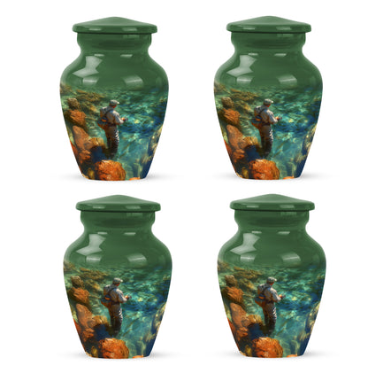 Olive Green Fishing Cremation Urn side profile showing urn shape - traditional fishing engraving with hand-polished finish - 10 inch aluminum urn for cremated remains