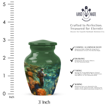 Pine Green Fishing Cremation Urn close-up of engraving and surface detail - traditional fishing engraving with hand-polished finish - mini keepsake memorial for portion of cremation ashes