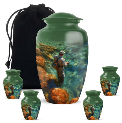 Pine Green Fishing Cremation Urn top-down view of secure threaded lid - traditional fishing engraving with hand-polished finish - memorial set with one large and four small urns
